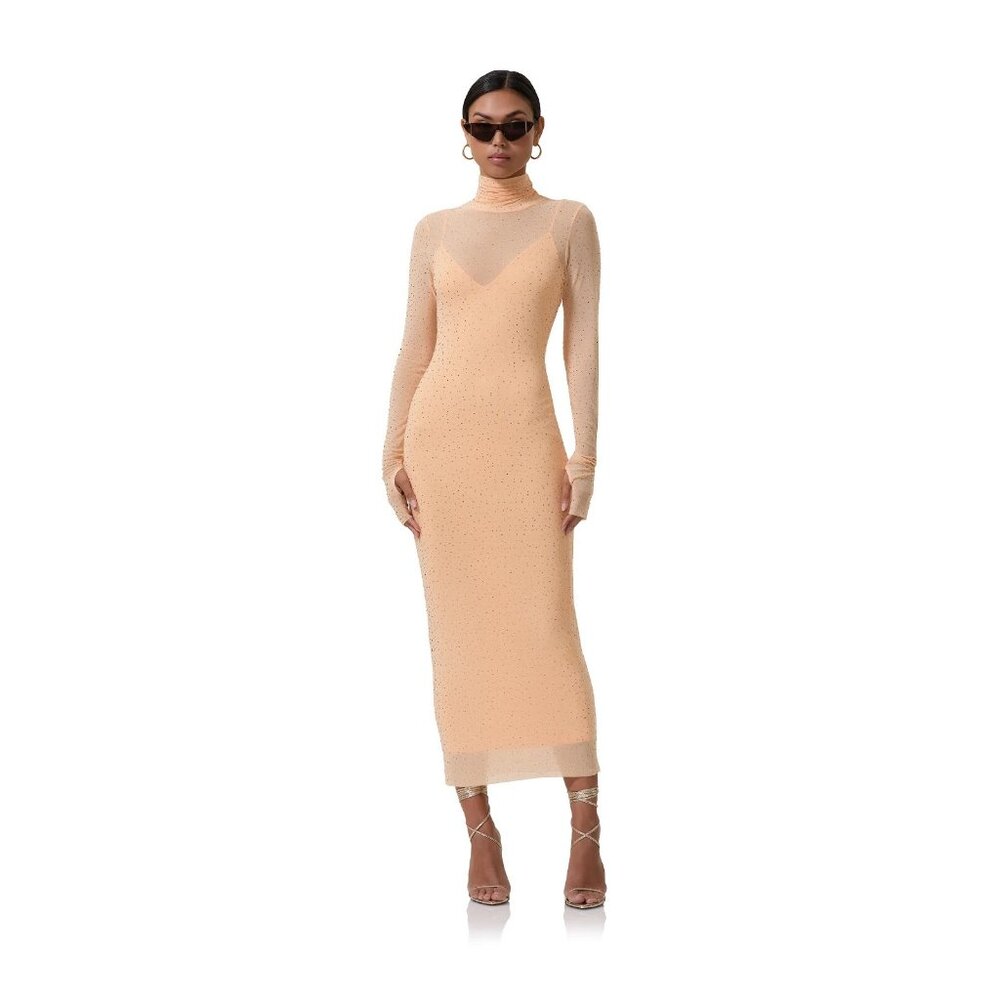 AFRM Shailene Rhinestone Embellished Midi Large Beige Dress